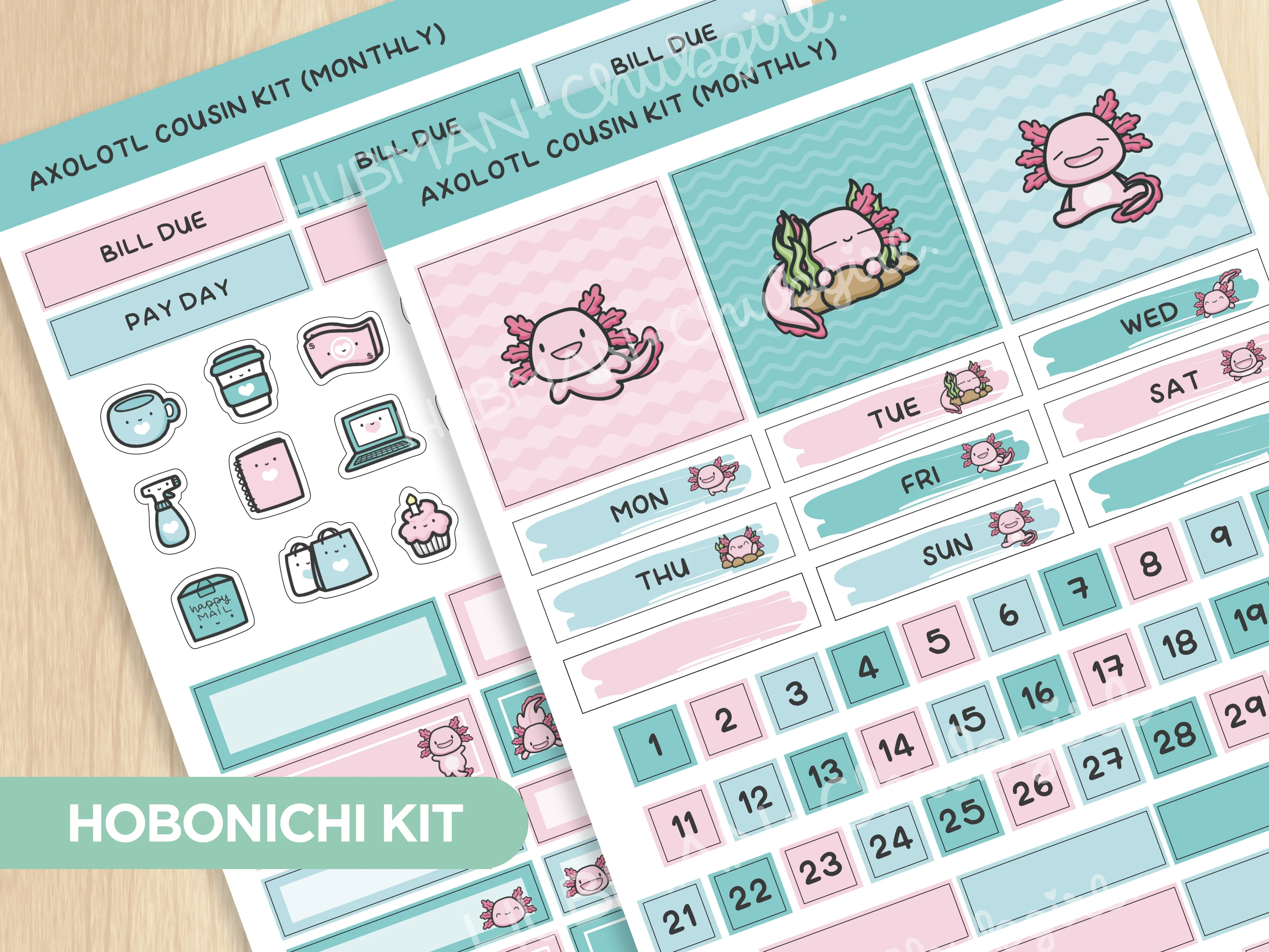 Happy Axolotl Theme Hobonichi Cousin Monthly Kit (Set of 2)