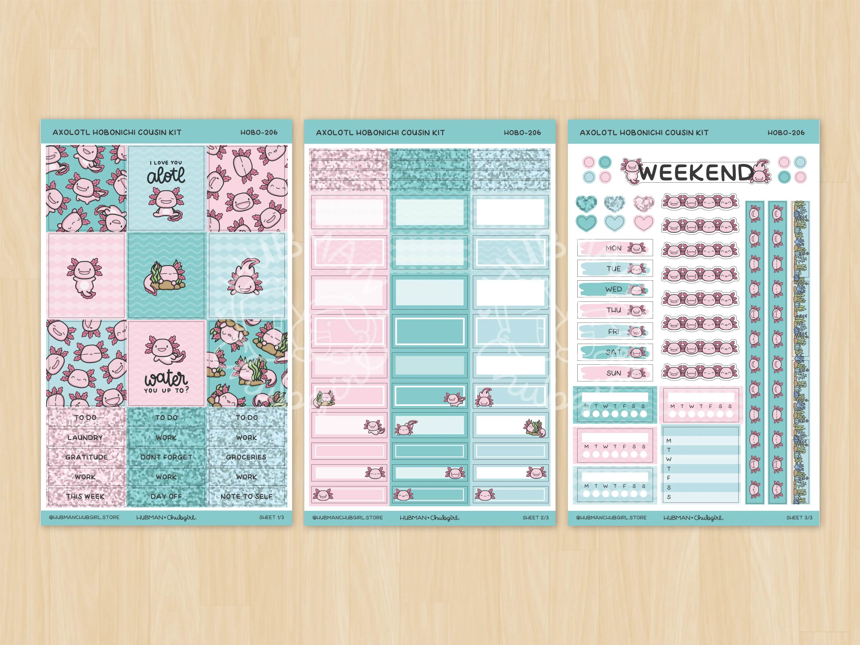 Happy Axolotl Theme Hobonichi Cousin Weekly Kit (Set of 3) - Image 2