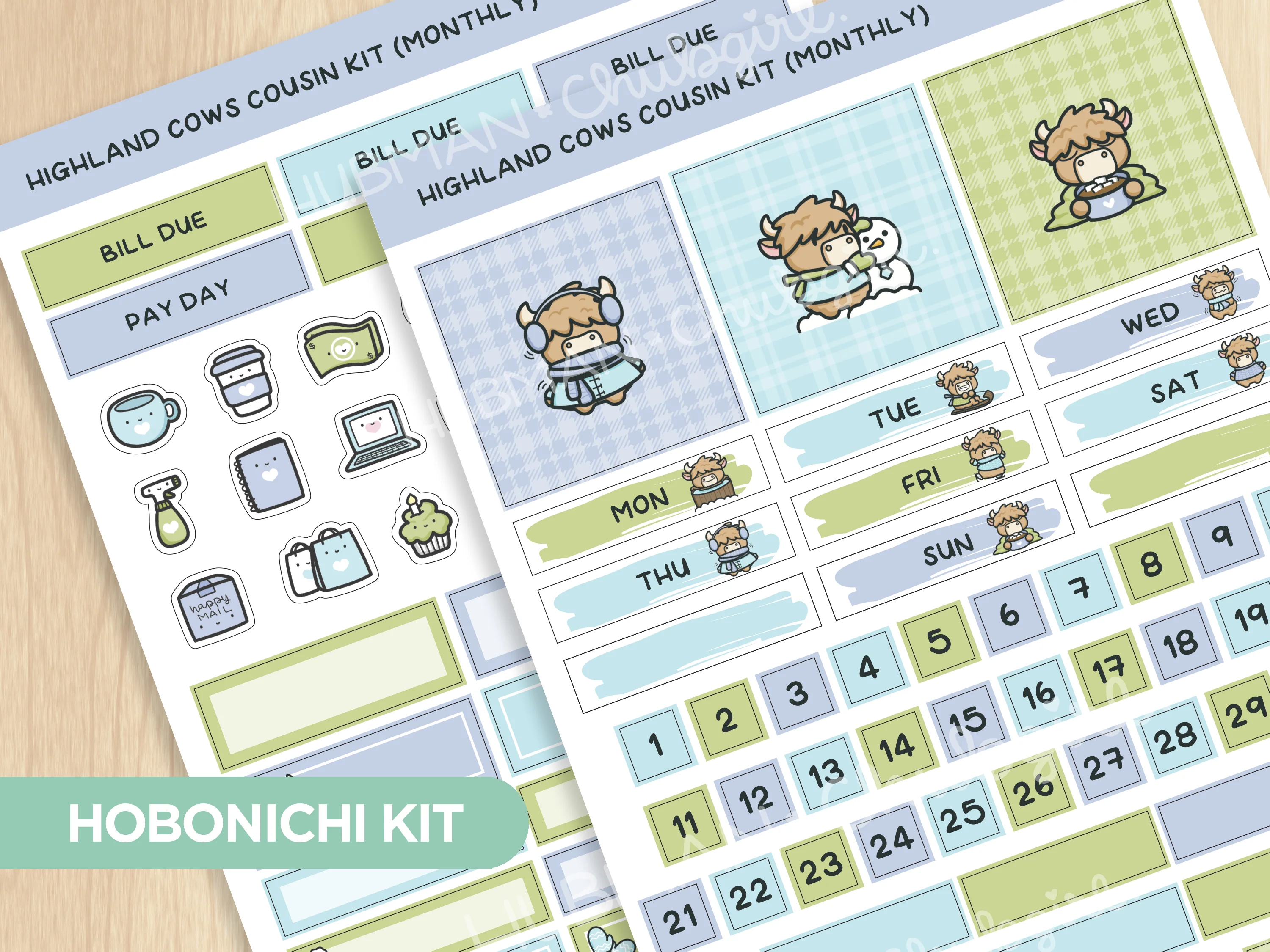 Winter Highland Cows Hobonichi Cousin Monthly Kit (Set of 2)